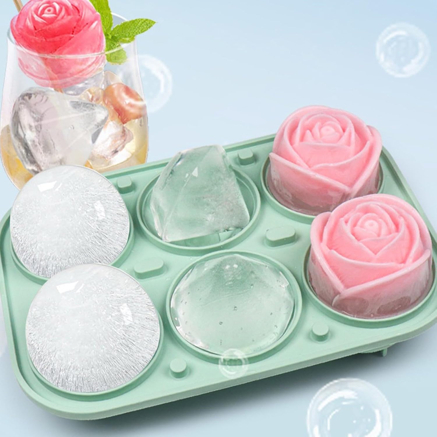 Ice Mold Sphere - ถาดน้ำแข็งขนาดใหญ่ 2026 พร้อมฝาปิด ซิลิโคนรูปทรงกุหลาบเพชร ทรงกลม ง่ายต่อการถอดออก