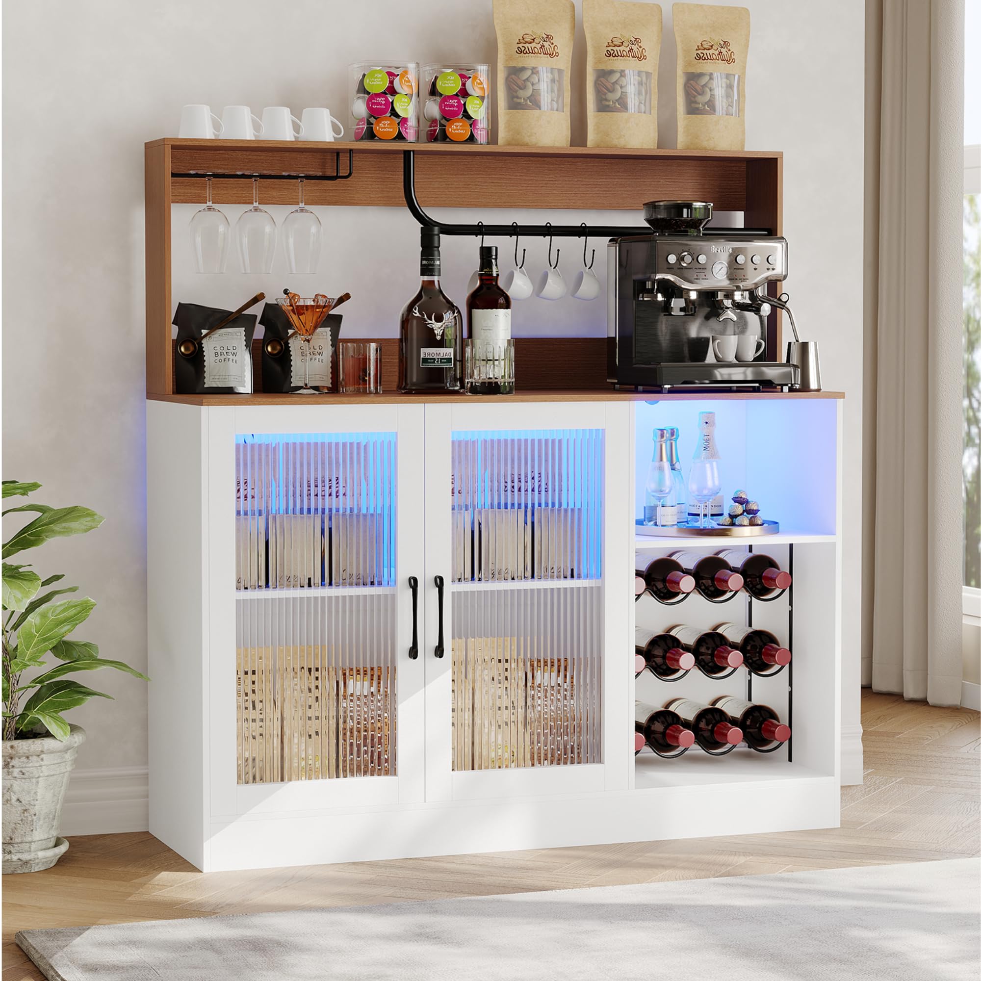 Home Bar Shelves - ตู้เก็บไวน์พร้อมไฟ LED, ที่วางแก้ว, ชั้นวางไวน์, ประตูอะคริลิกแบบมีลาย, ตู้เก็บของสำหรับบาร์กาแฟพร้อมชั้นวางของด้านบน