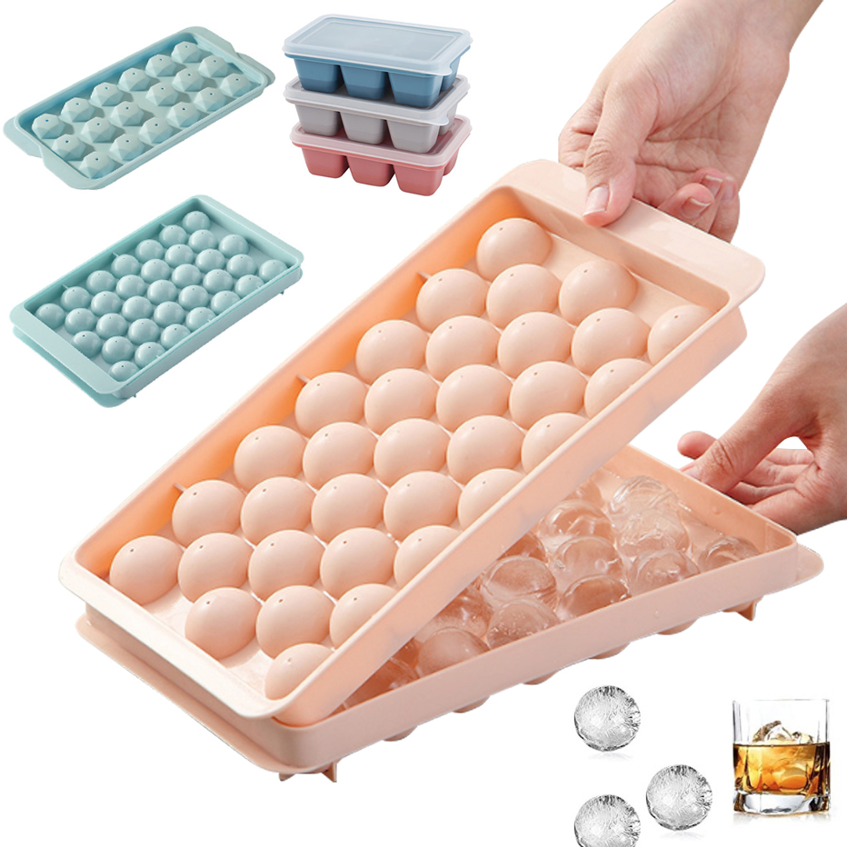 Ice Mold Sphere - 3D รอบ Ice Cube ถาดพร้อมฝาปิดพลาสติกเพชรสไตล์แม่พิมพ์น้ําแข็งตู้เย็นทรงกลม DIY