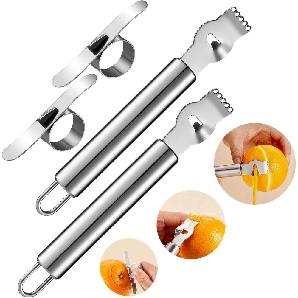 Peeler Channel Knife - ชุดที่ขูดและปอกเปลือกมะนาวสแตนเลส 4 ชิ้น สำหรับผลไม้ตระกูลส้ม อุปกรณ์ครัวพร้อมมีดช่องและที่เปิดฝาขวด