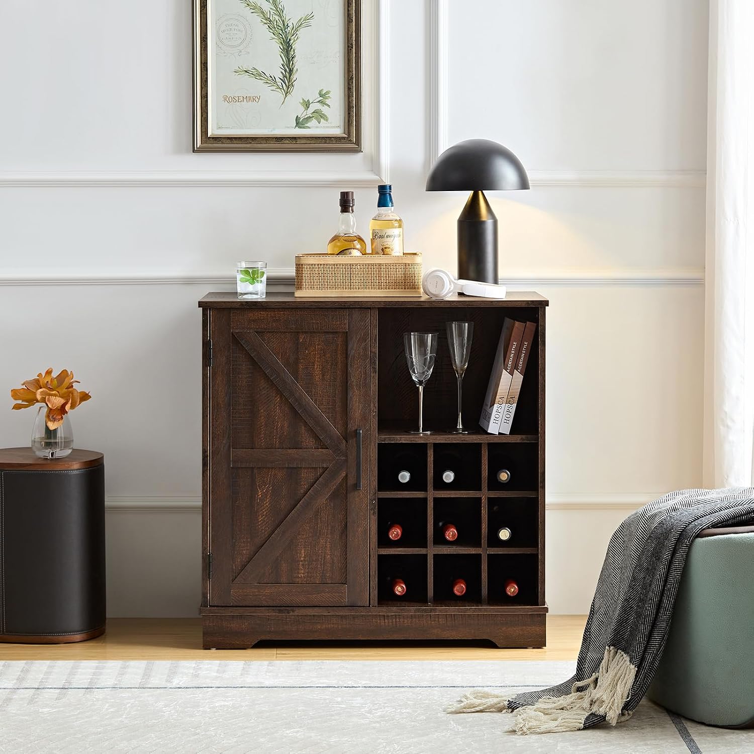 Home Bar Shelves - ตู้เก็บไวน์แบบฟาร์มเฮาส์พร้อมที่เก็บแก้ว, บานเลื่อน, ลิ้นชักบุฟเฟต์, ชั้นวางปรับระดับได้, ขนาด 31.5x15.75x31.5