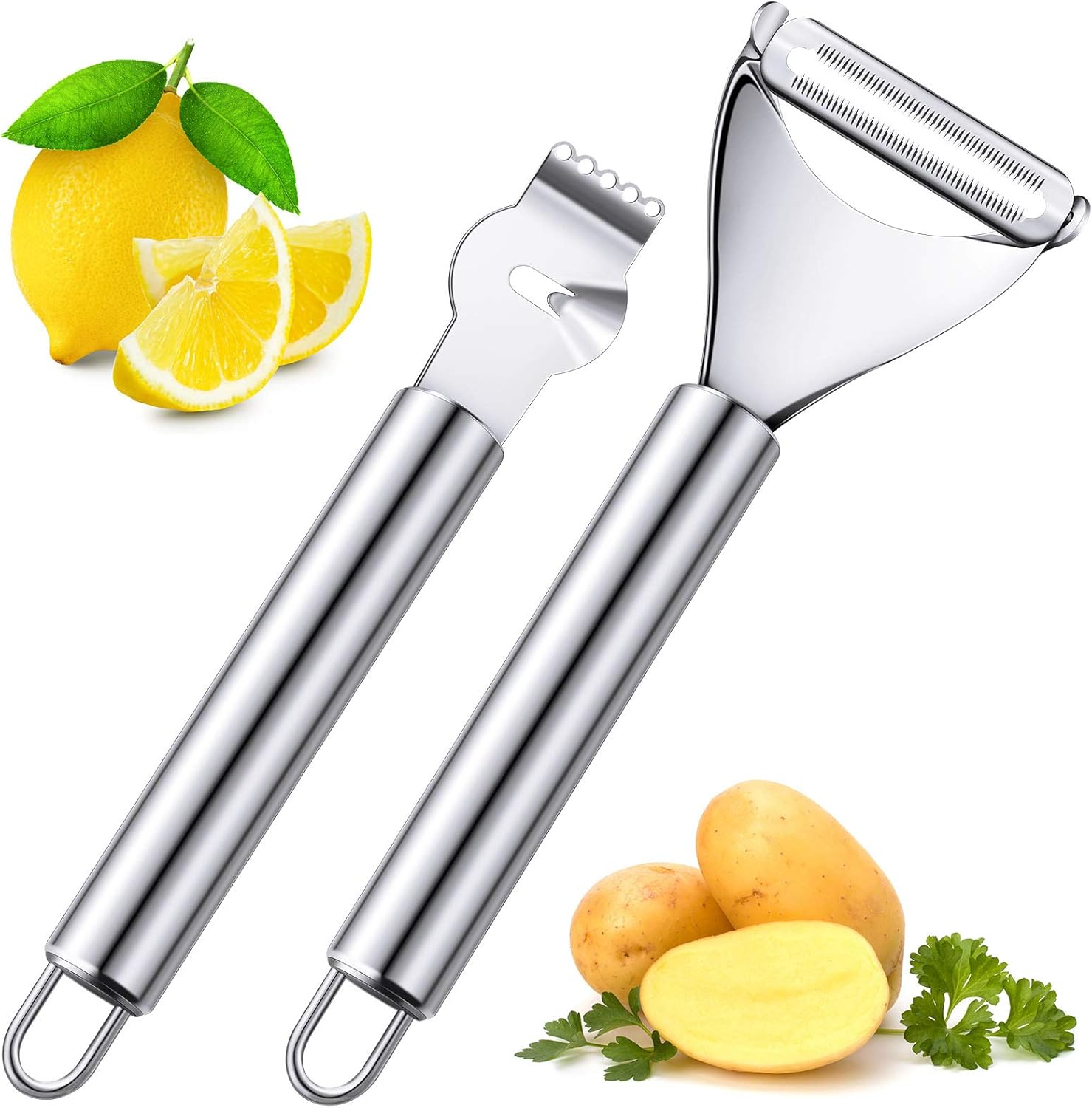 Peeler Channel Knife - ที่ปอกเปลือกมะนาวสแตนเลส 2 ชิ้น พร้อมใบมีดแบบช่อง และที่ปอกเปลือกส้ม มะนาว