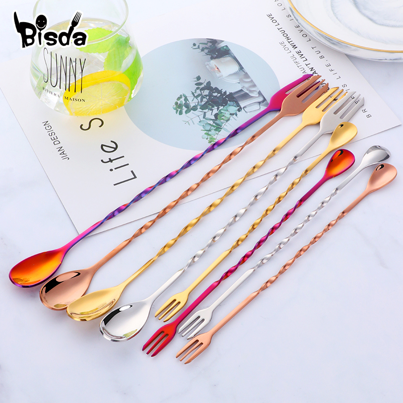 Bar Spoon Twisted - ช้อนบาร์ค็อกเทลพร้อมส้อม, สแตนเลสแบบหมุน, ช้อนบิดยาว, ส้อมกวน, เครื่องมือไวน์น้ําแข็ง, แฟชั่น